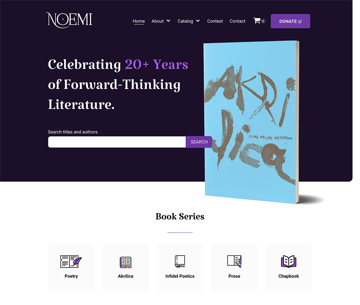 Screenshot of Noemi Press' home page 'above the fold' section displaying their logo, navigation menu, search bar, book cover, and 5 icons of book categories beneath.