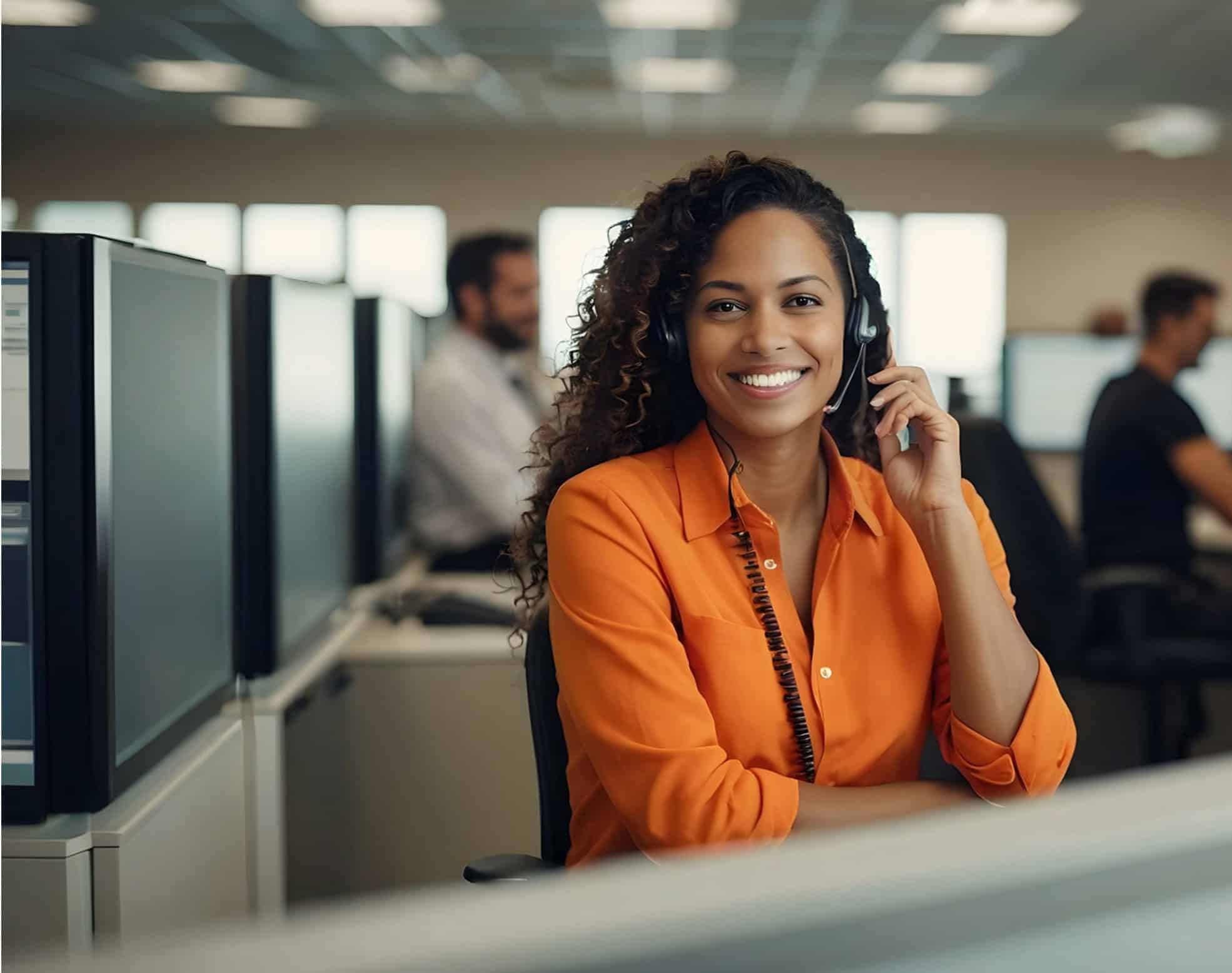 A woman wearing a headset and orange shirt sits at a desk in a modern office, smiling at the camera, with coworkers working in the background.