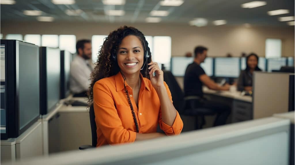 Woman in an orange shirt sits at a desk in a modern office, wearing a headset and smiling at the camera. Other employees work at computers in the background.