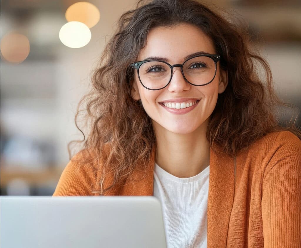 A woman with curly hair and glasses, wearing an orange cardigan and white top, smiles while sitting in front of a laptop in a well-lit indoor setting.