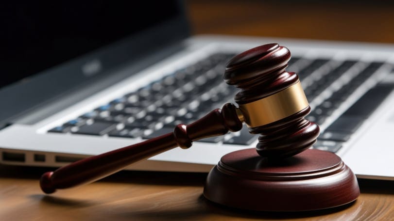 A wooden gavel rests on a laptop keyboard, symbolizing the intersection of law and technology.