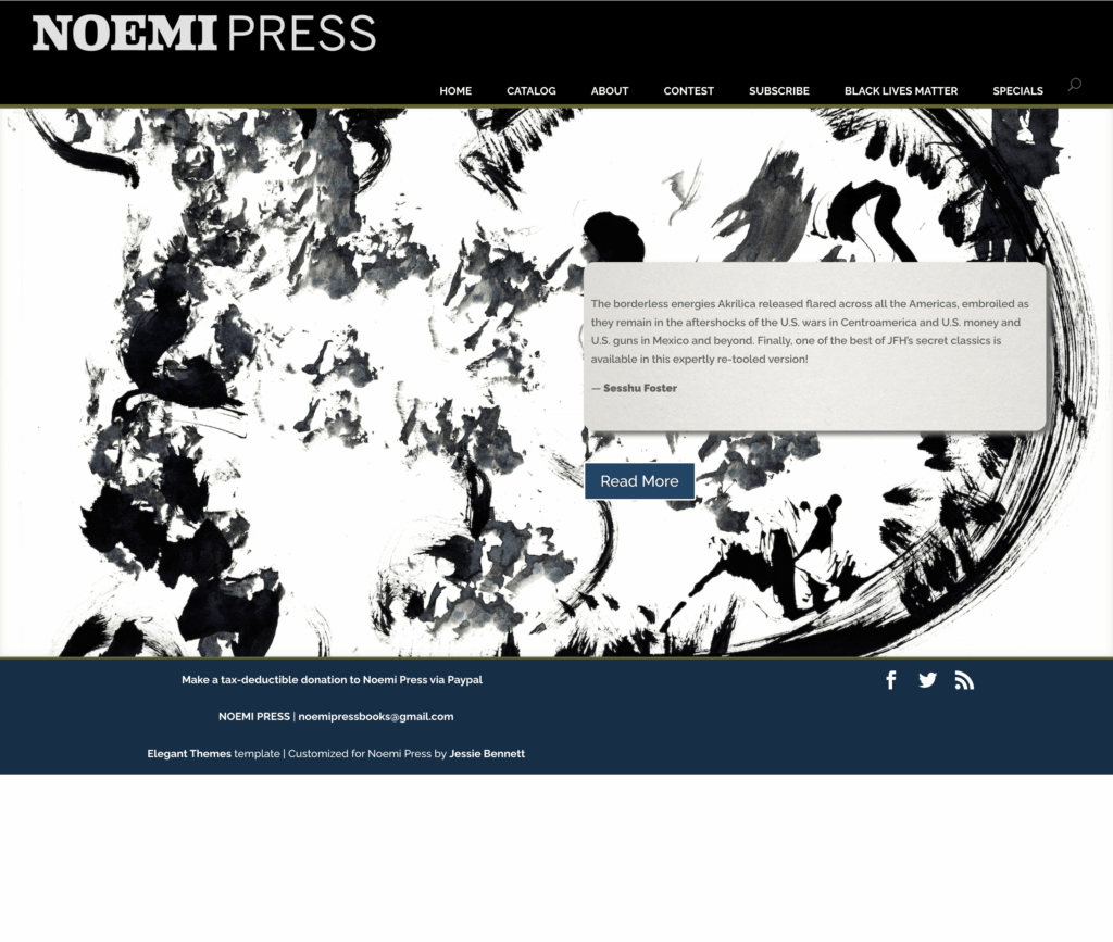 The Noemi Press old homepage displays an abstract black-and-white brushstroke design, a navigation menu, a quote, and a "Read More" button at the center.