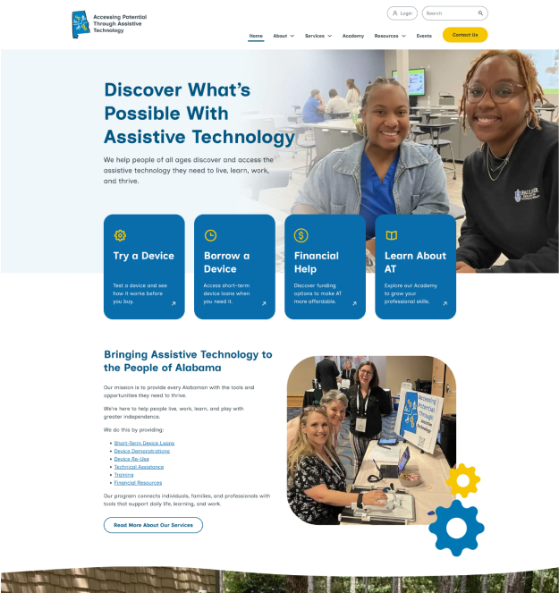 Home page of new website with two smiling women are seated at a table in the foreground of a technology lab. Below, staff members sit at an information booth promoting assistive technology services.