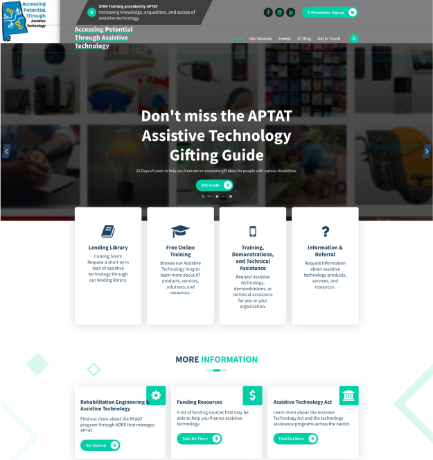 Screenshot of a website homepage for APTAT, featuring an assistive technology gifting guide, navigation menu, service descriptions, and informational resources.